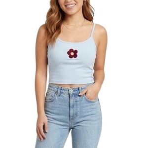 Shein White Ribbed Crop Tank Red Flower Appliqué Embroidered S